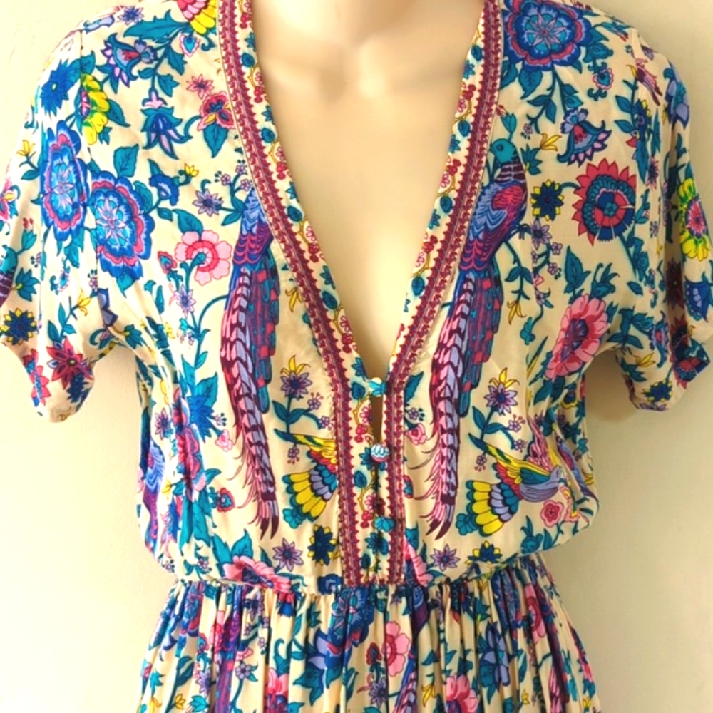 Mora Floral Bird Boho Mini Dress M - Picture 9 of 16